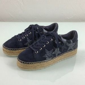 Marc Fisher Maevel glitter Stars Navy Suede Espadrilles platform lace up SZ 6.5M